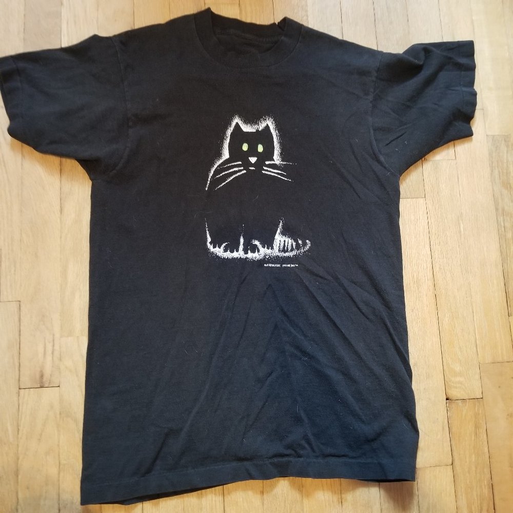 VINTAGE 80's 90's Single Stitch Graphic Tee T Shirt Black White Cat Shirt Size L